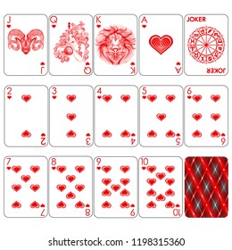 Playing cards series "Minimal black and red Zodiac signs", heart suit, joker and back. Background white card.