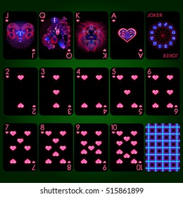 Playing cards series "Neon Zodiac signs", heart suit, joker and back. Background black card.