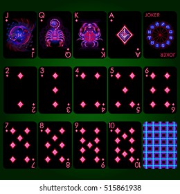 Playing cards series "Neon Zodiac signs", diamond suit, joker and back. Background black card.