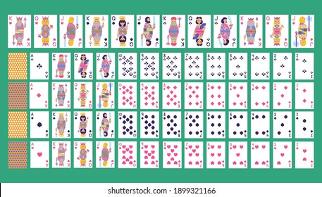 Playing cards set of clubs, diamonds, hearts, spades in abstract geometric cartoon flat stile. Composition with decorative triangles patterns of lines, heraldic lilies, rhombuses and circles. Vector.