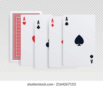 Playing Cards Set. Collection Of Flipped Aces Of All Suits. Lucky Hand In Poker And Good Hand In Blackjack. Gambling And Fortune. Poster Or Banner For Website. Realistic Isometric Vector Illustration