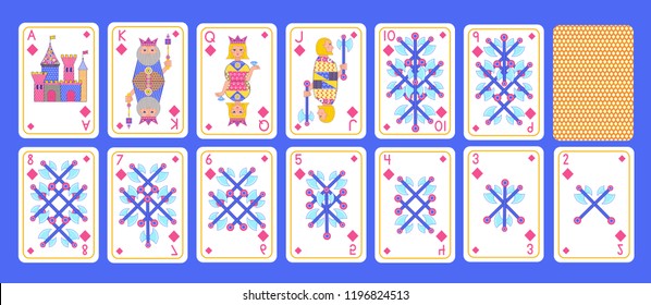 Playing cards set of diamonds in abstract geometric cartoon flat stile. Composition with decorative triangles patterns of lines, heraldic lilies, rhombuses and circles. Vector illustration.