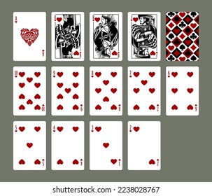 Playing cards set of Hearts suit in vintage engraving drawing style in black and red colors. Vector illustration