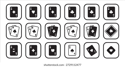 Playing cards set. isolated flat vector icons of queen of diamonds, queen of hearts, queen of spades, and various card combinations