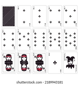 Playing cards. Set of cards on a white background. Clubs. Bridge size. 