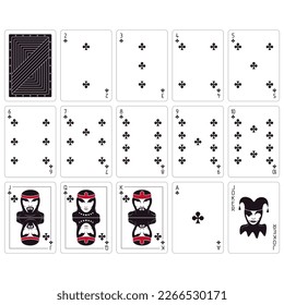 Playing cards. Set of cards on a white background. Clubs. Poker size.