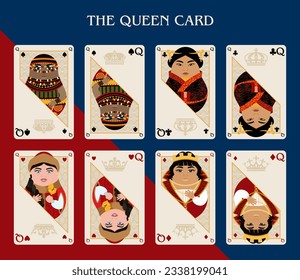 Playing cards. A set of queens of all stripes. Original design in the style of a Tilting Toy. The symbol of entertainment is poker, blackjack, casino. Vector illustration