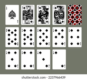 Playing cards set of Spades suit in vintage engraving drawing style in black and red colors. Vector illustration