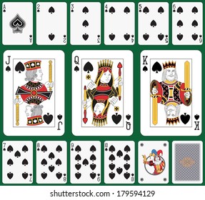 Playing cards spade suit joker and back. Faces double sized. Green background in a separate level 