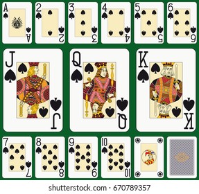 Playing cards, spade suit, joker and back. Faces double sized. Green background in a separate level 