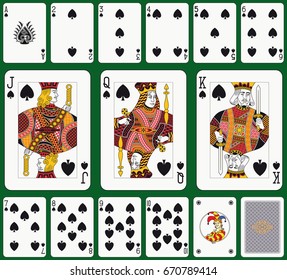 Playing cards, spade suit, joker and back. Faces double sized. Green background in a separate level 