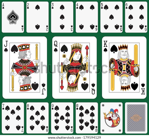 Playing cards spade suit\
joker and back. Faces double sized. Green background in a separate\
level 