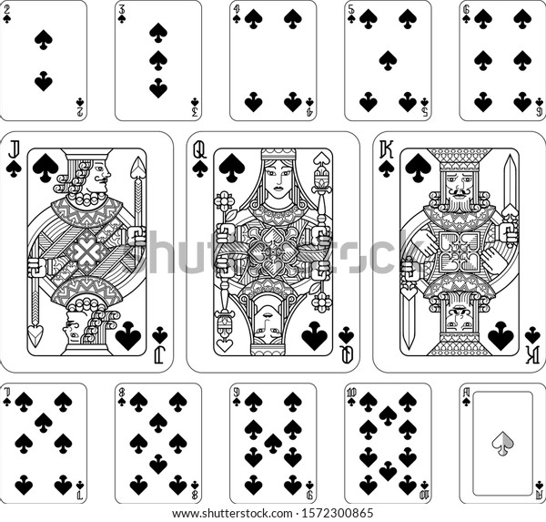 Playing\
cards spades set in black and white from a new modern original\
complete full deck design. Standard poker\
size.