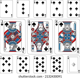 Playing cards spades set in red, blue and black from a new modern original complete full deck design. Standard poker size.