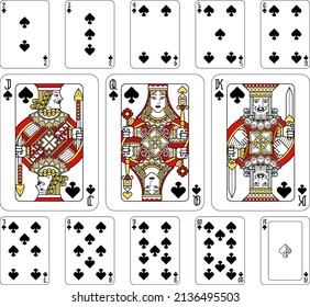 Playing cards spades set in red, yellow and black from a new modern original complete full deck design. Standard poker size.