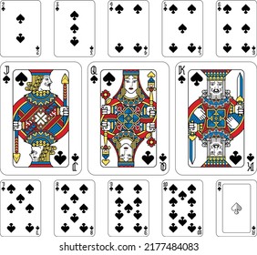 Playing cards spades set in yellow, red, blue and black from a new modern original complete full deck design. Standard poker size.