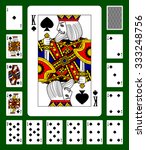 Playing cards of Spades suit and back on green background. Faces double sized. Original design. Vector illustration