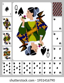 Playing cards of Spades suit and back in funny flat style. Vector illustration