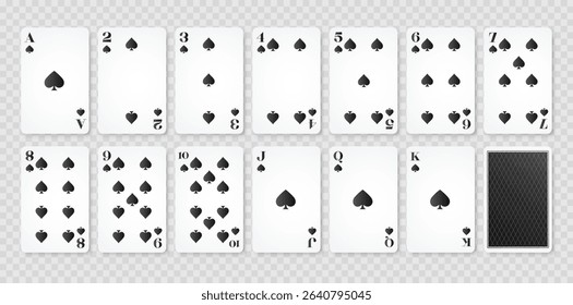 Playing cards spades suit and back. Set of poker playing cards. Vector illustration