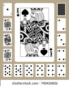 Playing cards of Spades suit in black and white. Original design. Vector illustration