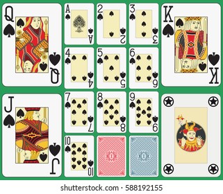 Playing cards spades suit, blackjack version. Faces and joker double sized. Two cards back and green background. 