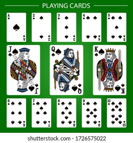 Playing cards of Spades suit on a green background. Vector illustration. Original design.