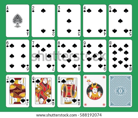 Playing cards spades suit on green background. Original figures, joker and back. 