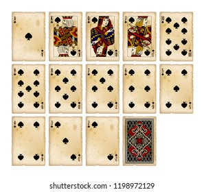 Playing cards of Spades suit in vintage style. Original design. Vector illustration