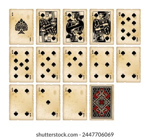 Playing cards of Spades suit in vintage engraving style on grunge old shabby yellowed paper background isolated on white. Original retro design. Vector 
illustration