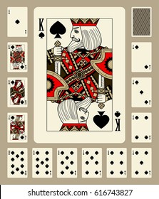 Playing cards of Spades suit in vintage style. Original design. Vector illustration