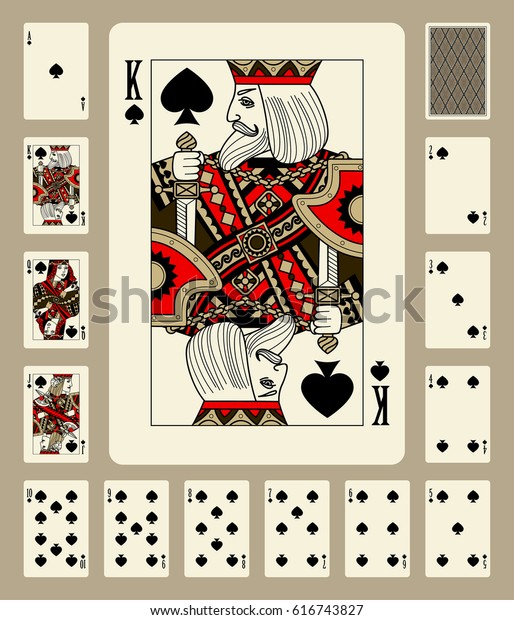 Playing cards of Spades suit in vintage\
style. Original design. Vector\
illustration