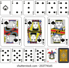 Playing cards, spades suite, joker and back. Faces double sized. Green background.