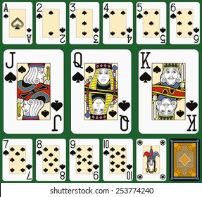 Playing cards, spades suite, joker and back. Faces double sized. Green background.