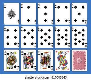 Playing cards spades suite on a blue background. Original figures inspired by french tradition.
