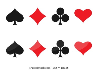 Playing cards suit. Icons of playing card suits - spade, diamond, club and heart. Design for casino, poker or gaming websites and applications. Vector illustration.