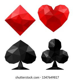 Playing cards suits in low polygonal style, vector icons on plain backgrounds