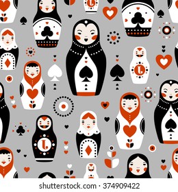 Playing cards suits russian dolls matryoshka seamless pattern