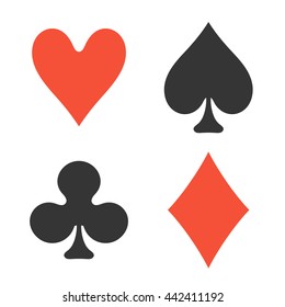 Playing cards suits. Spades, hearts, diamonds, clubs icons. Game cards signs. Isolated vector illustration