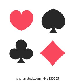 Playing cards suits. Spades, hearts, diamonds, clubs icons. Game cards signs. Isolated vector illustration