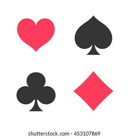 Playing cards suits. Spades, hearts, diamonds, clubs icons. Game cards signs. Isolated vector illustration