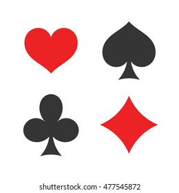 Playing cards suits. Spades, hearts, diamonds, clubs icons. Game cards signs. Isolated vector illustration