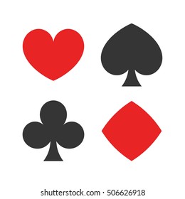 Playing cards suits. Spades, hearts, diamonds, clubs icons. Game cards signs. Isolated vector illustration