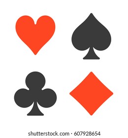 Playing cards suits. Spades, hearts, diamonds, clubs icons. Game cards signs. Isolated vector illustration