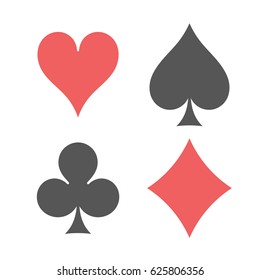 Playing cards suits. Spades, hearts, diamonds, clubs icons. Game cards signs. Isolated vector illustration