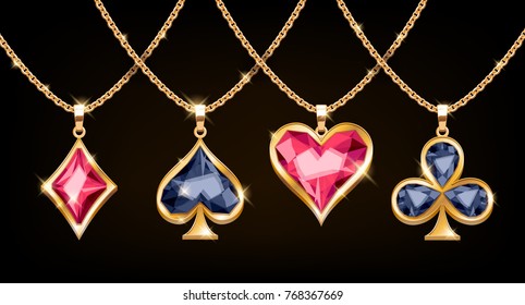 Playing cards suits symbols golden pendants with gemstones set. Vector illustration.