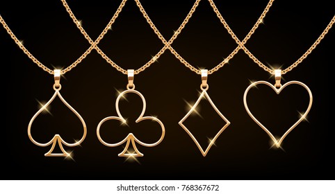 Playing cards suits symbols golden pendants set. Vector illustration.