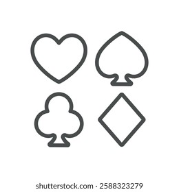 Playing Cards Suits Symbols Icon. Thin Line Illustration of Heart, Spade, Club, and Diamond Symbols for Poker, Gambling, and Casino Games. Isolated Vector Sign.