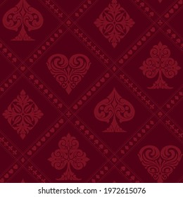 Playing cards suits vintage seamless pattern with hearts diamonds clubs spades elegant symbols in red colors vector illustration