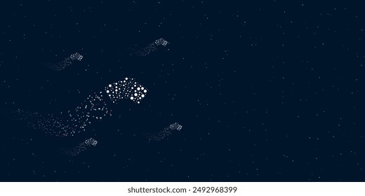 Un símbolo de naipes lleno de puntos vuela a través de las estrellas dejando un rastro detrás. Hay cuatro símbolos Pequeños alrededor. Ilustración vectorial sobre fondo azul oscuro con estrellas