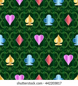 Playing cards symbols bright seamless pattern.